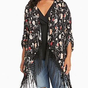 torrid Black Floral Fringe Kimono